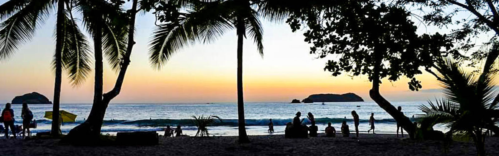 Sunset over the ocean. People are gathered on the beach to watch and swim. Palm trees are in the foreground.